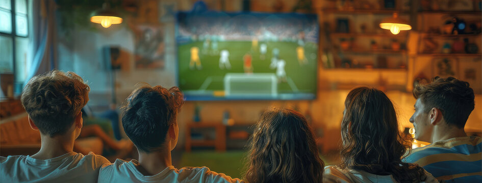 A group of young friends in a cozy living room, all seated on a comfortable sofa with their backs facing the camera. They are intently watching a soccer match on a large TV. Generative AI.