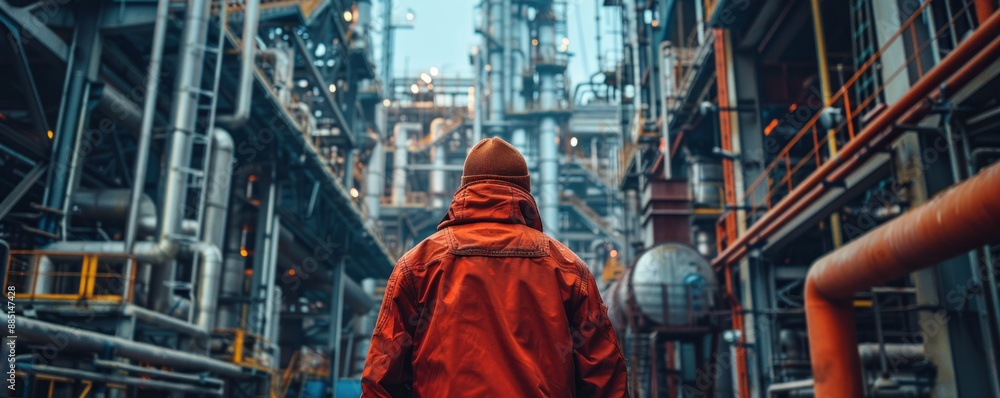 Poster a man in a red jacket stands in front of a large industrial building. the building is filled with pi