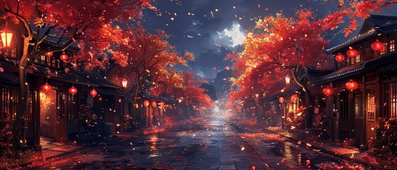 painting style illustration of Chinese ancient town in autumn night with red tree along the street,
