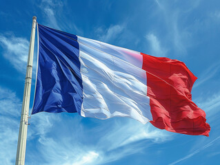 French Flag Waving in the Wind on a Sunny Day