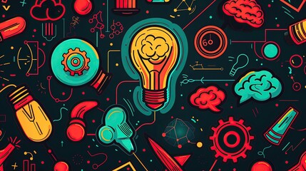 Obraz premium Creative thinking and innovation concept illustration featuring colorful light bulbs, gears, and other abstract ideas on a dark background.