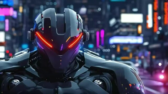 Futuristic Robot in Neon City