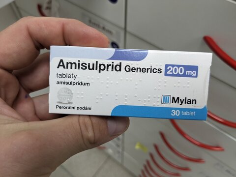 Prague, Czech Republic - July 10 2024: AMISULPRID GENERICS box of medication with AMISULPRIDE active substance by GENERICS, used for treatment of schizophrenia and bipolar disorder.






