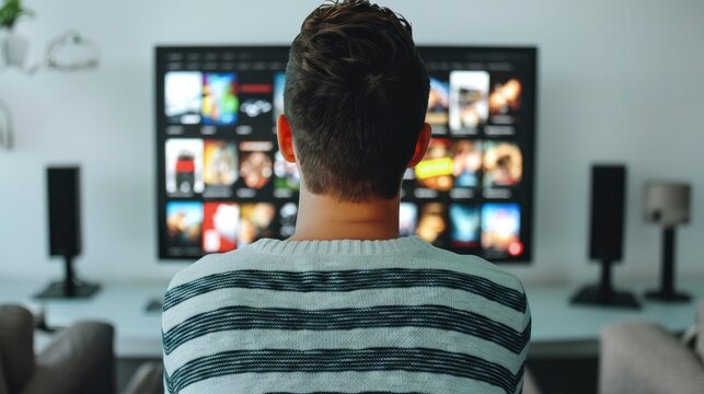 A man Watching TV series and movies via streaming service. Generative AI.