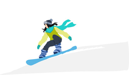 冬の雪山でスノボーする女性のイラスト