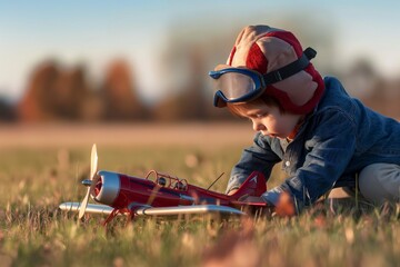 In the autumn field, a child wearing an aviator cap gleefully plays with a toy plane, expressing joy and innocence. National Aviation Day