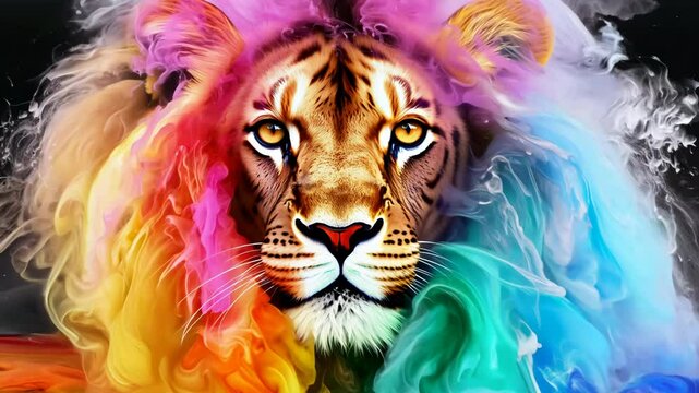 Vibrant digital art of rainbow-colored lion face, abstract animal portrait