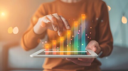 A woman using a tablet to analyze data and track progress with a colorful bar graph.
