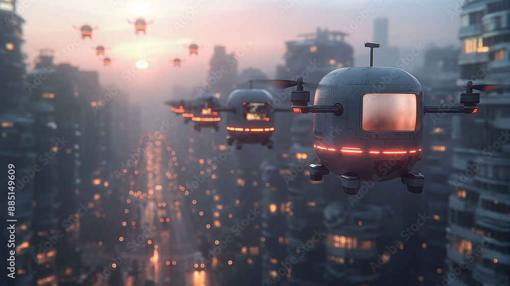 Poster high-tech urban delivery system featuring iot-connected drones, optimizing routes and schedules for 