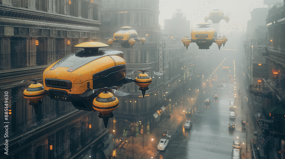 Poster Fleet of IoT-connected delivery drones, synchronizing routes and schedules to improve delivery efficiency in a city setting.