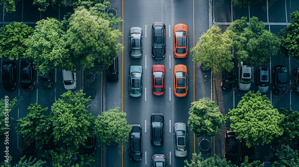 Poster modern urban area with a smart parking system utilizing iot sensors to find available spots and guid