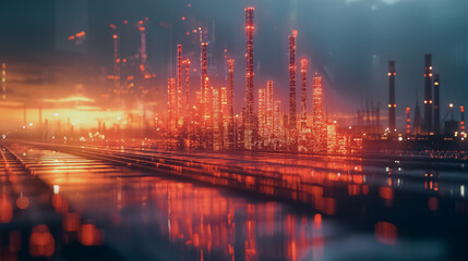 Fototapeta premium A city skyline with a sunset in the background. The buildings are lit up with red lights, creating a warm and inviting atmosphere