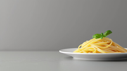 Half a plate of plain linguine, emerging from the right side against a smooth grey background