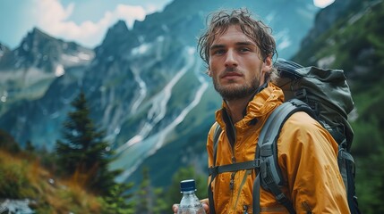 Obraz premium Portrait of exhausted hikking sweating kwhite man looks in camera. holding bottle of water, professional costume at mountain background 