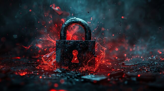 Burning Padlock Symbol of Security Risk.