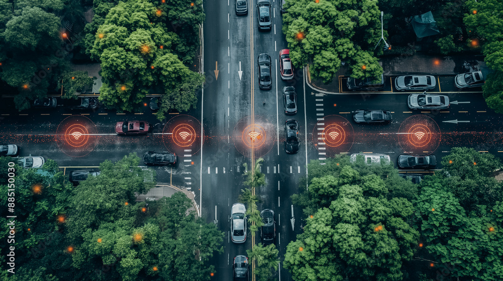 Poster smart parking system in a bustling urban area, using iot sensors to find available spots and directi