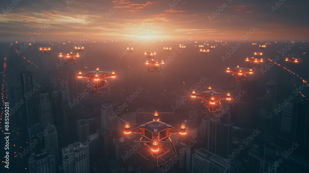 Aufkleber a fleet of delivery drones connected via iot, coordinating routes and schedules to optimize delivery