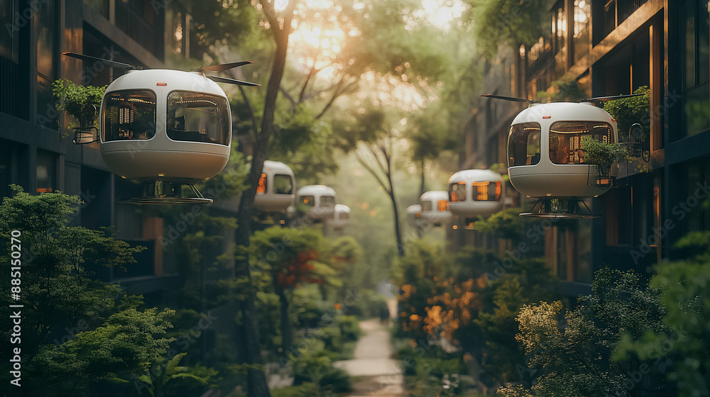 Poster urban environment with a fleet of iot-enabled delivery drones, synchronizing routes and schedules fo