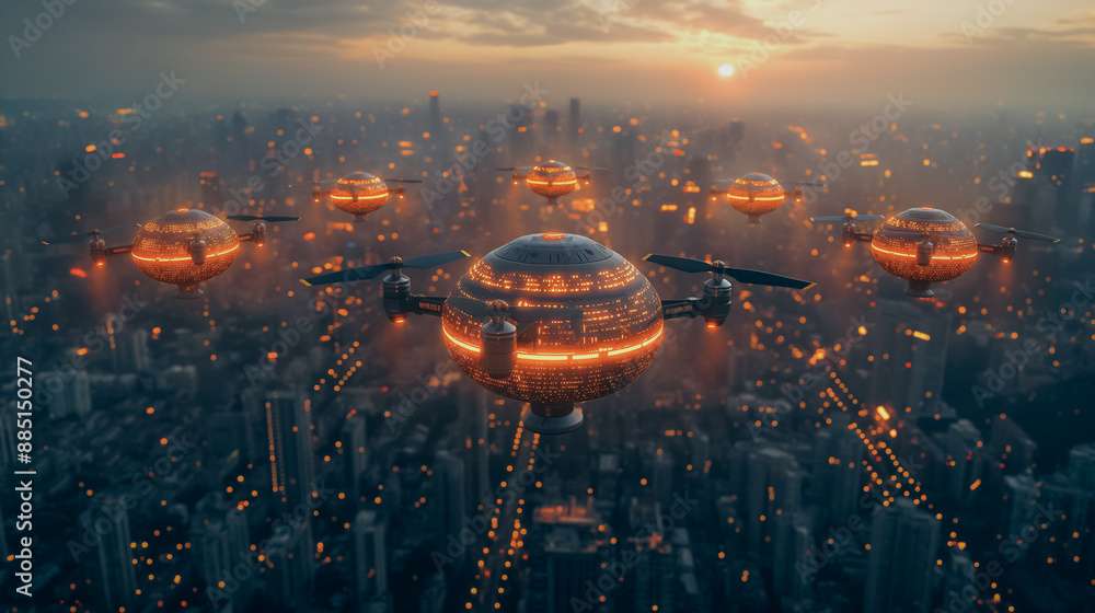 Poster iot-enabled fleet of delivery drones in an urban area, coordinating routes and schedules to enhance 