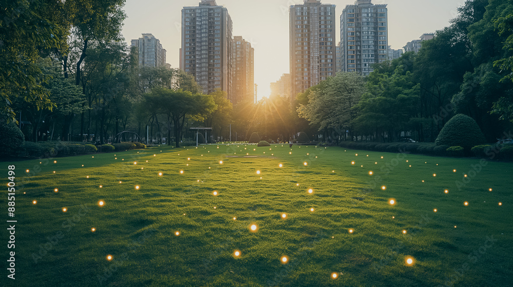 Poster high-tech city park utilizing iot sensors for air quality monitoring and automated irrigation system