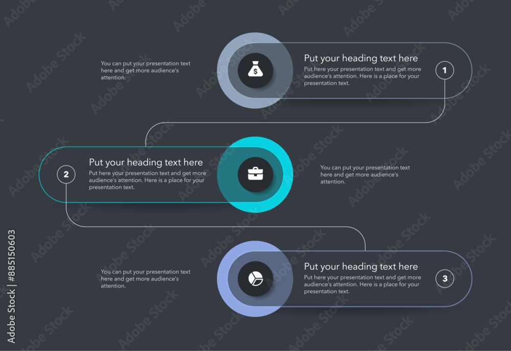 Poster Simple vertical process infographic template with three options - dark version. Flat presentation diagram with thin lines and minimalistic icons.