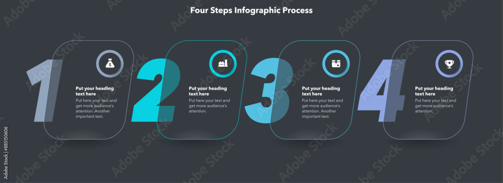 Poster Horizontal four steps infographic process template - dark version. SImple chart design with numbers and thin lines for workflow layout, banner or web design.