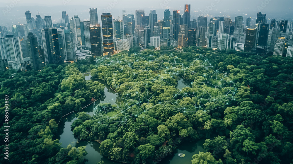Poster smart city park with iot sensors monitoring air quality and automated irrigation systems optimizing 