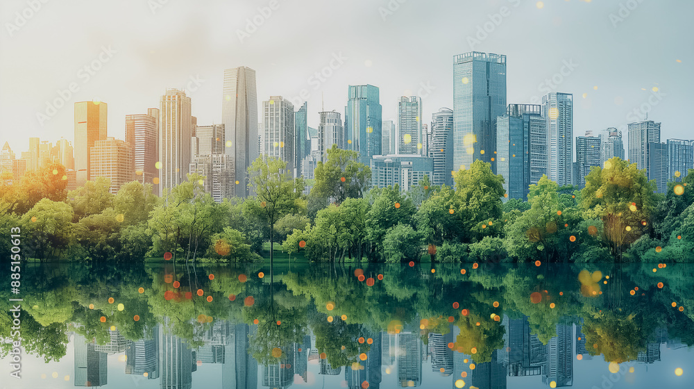 Poster smart city park with iot sensors monitoring air quality and automated irrigation systems optimizing 