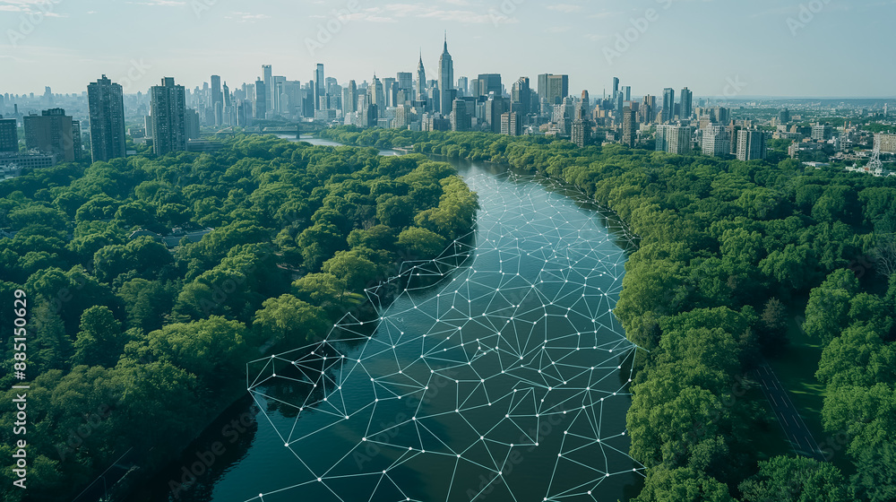 Poster smart city park with iot sensors monitoring air quality and automated irrigation systems optimizing 