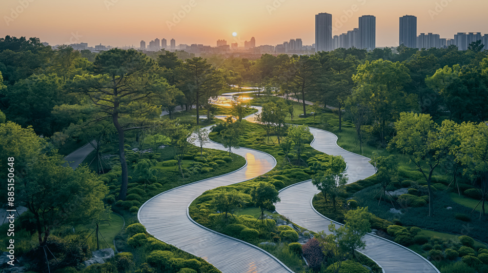 Aufkleber a long, winding path through a park with trees and a city in the background. the path is lined with 