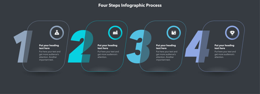 Horizontal four steps infographic process template - dark version. SImple chart design with numbers and thin lines for workflow layout, banner or web design.