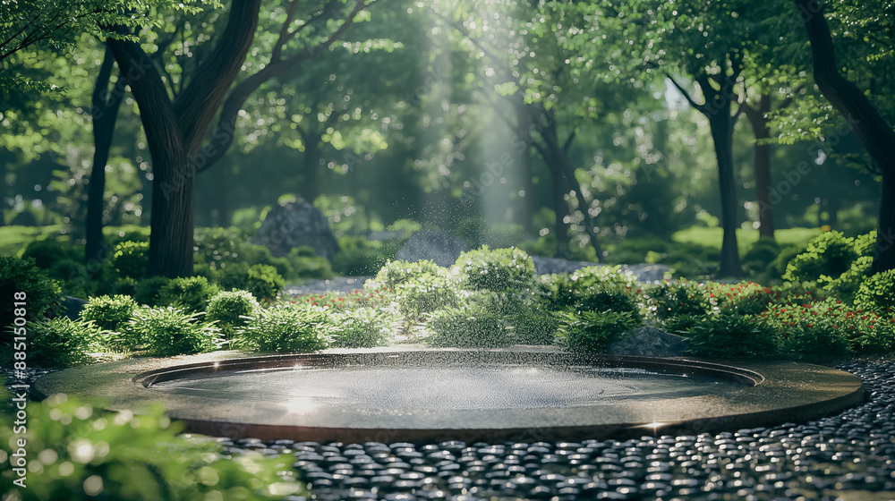 Poster a small fountain in a park with trees and bushes surrounding it. the water is falling from the top o