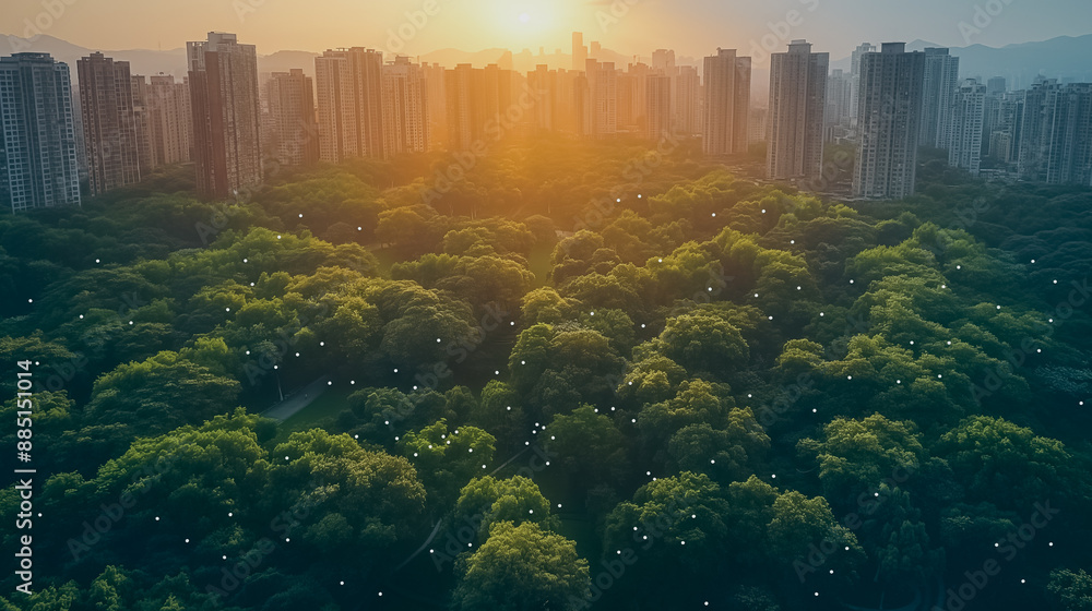 Poster a connected city park with iot sensors monitoring air quality and automated irrigation systems adjus