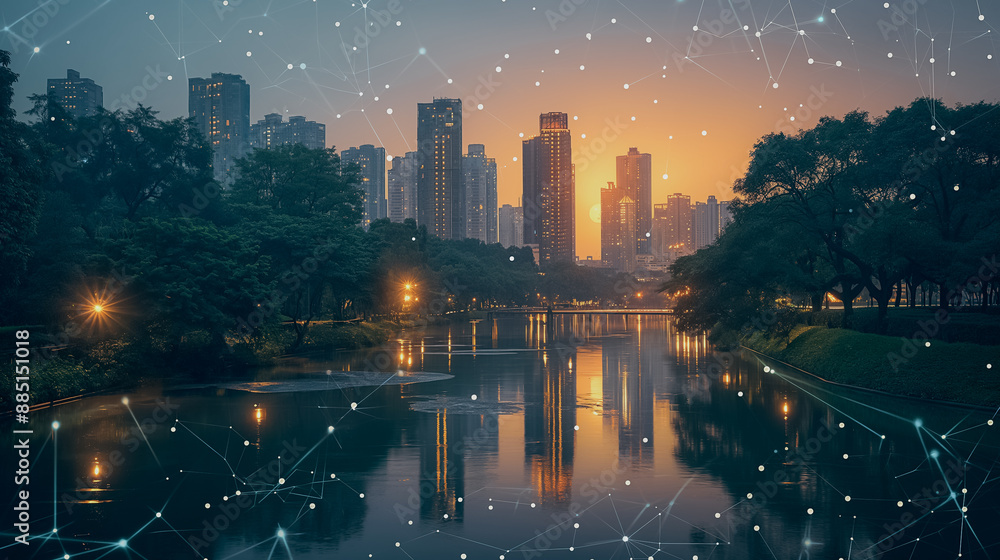 Poster a connected city park with iot sensors monitoring air quality and automated irrigation systems adjus