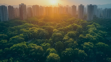 A connected city park with IoT sensors monitoring air quality and automated irrigation systems adjusting water usage based on weather conditions.