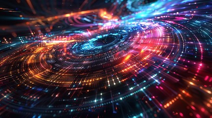 Obraz premium An abstract futuristic background with bright neon lights, intricate patterns, and a sense of motion, creating a visually stunning and dynamic scene that conveys a sense of innovation and technology
