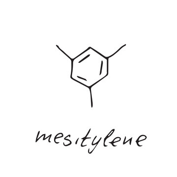 Mesitylene molecule formula. Hand drawn imitation of mesitylene structural model