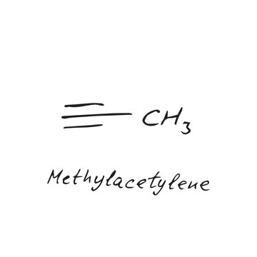 methylacetylene molecule formula. Hand drawn imitation of methylacetylene structural model