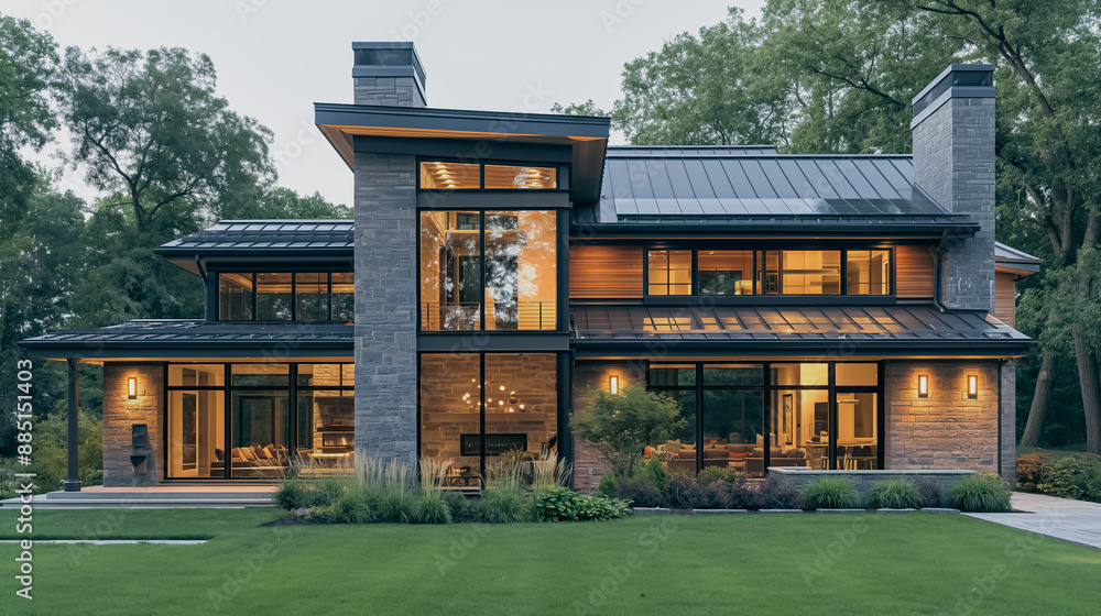 Poster high-tech home with a smart thermostat that learns household schedules and preferences, automaticall