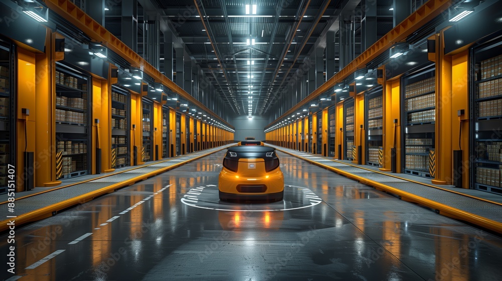 Poster automated warehouse with robotic systems. advanced warehouse featuring automated robotic systems and