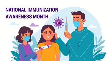 National Immunization Awareness Month, illustration of young girl receiving vaccine from masked nurse healthcare worker
