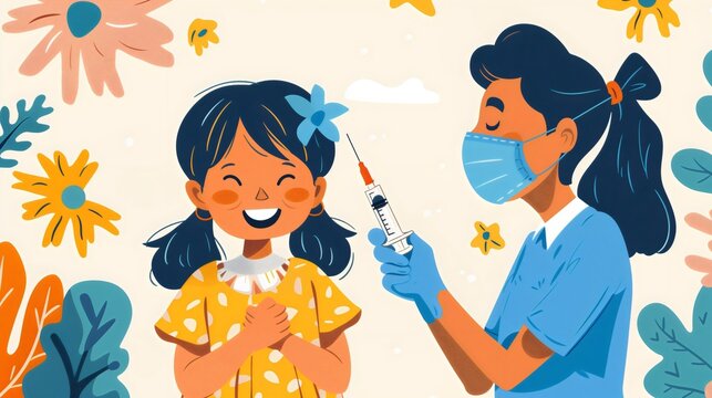 Illustration smiling girl receives vaccine from masked nurse healthcare worker, National Immunization Awareness Month