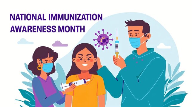 National Immunization Awareness Month, illustration of young girl receiving vaccine from masked nurse healthcare worker - Powered by Adobe