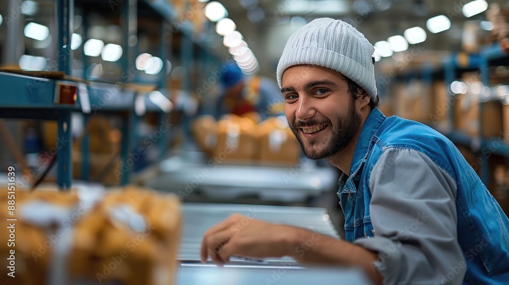 Poster happy employees working at a productive and well run factory floor. generative ai.