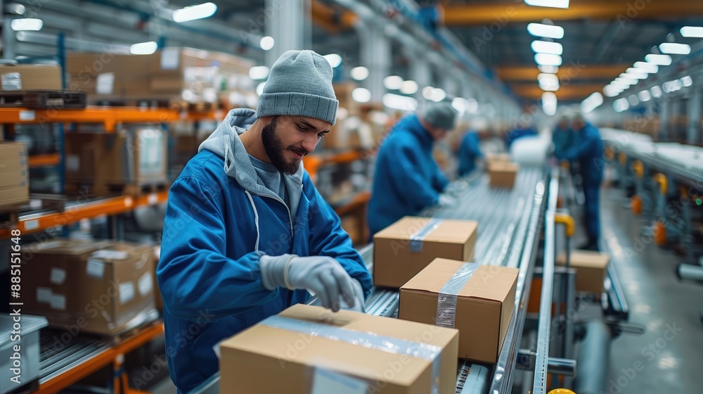 Aufkleber Happy employees working at a productive and well run factory floor. Generative AI.