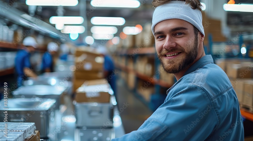 Aufkleber Happy employees working at a productive and well run factory floor. Generative AI.