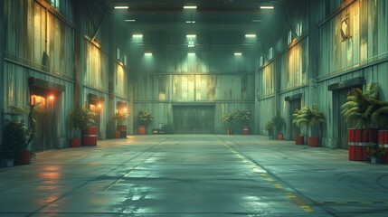 Empty Warehouse with Plants and Dim Lighting. Spacious, empty warehouse with potted plants and dim lighting, combining industrial logistics with a touch of greenery and ambient atmosphere.