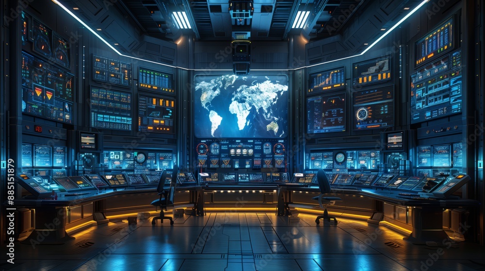 Poster high-tech control room featuring multiple screens displaying global maps and data, emphasizing advan