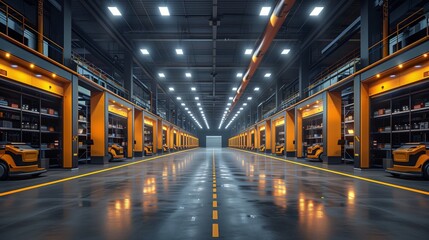 High-Tech Warehouse with Automated Storage Solutions. High-tech warehouse with bright lighting and automated storage solutions, showcasing advanced logistics and efficient inventory management.