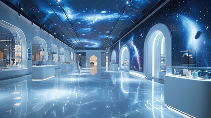 Interior design of an immersive hall of projection mapping, At the front is a reception with merchandise. Generative AI.